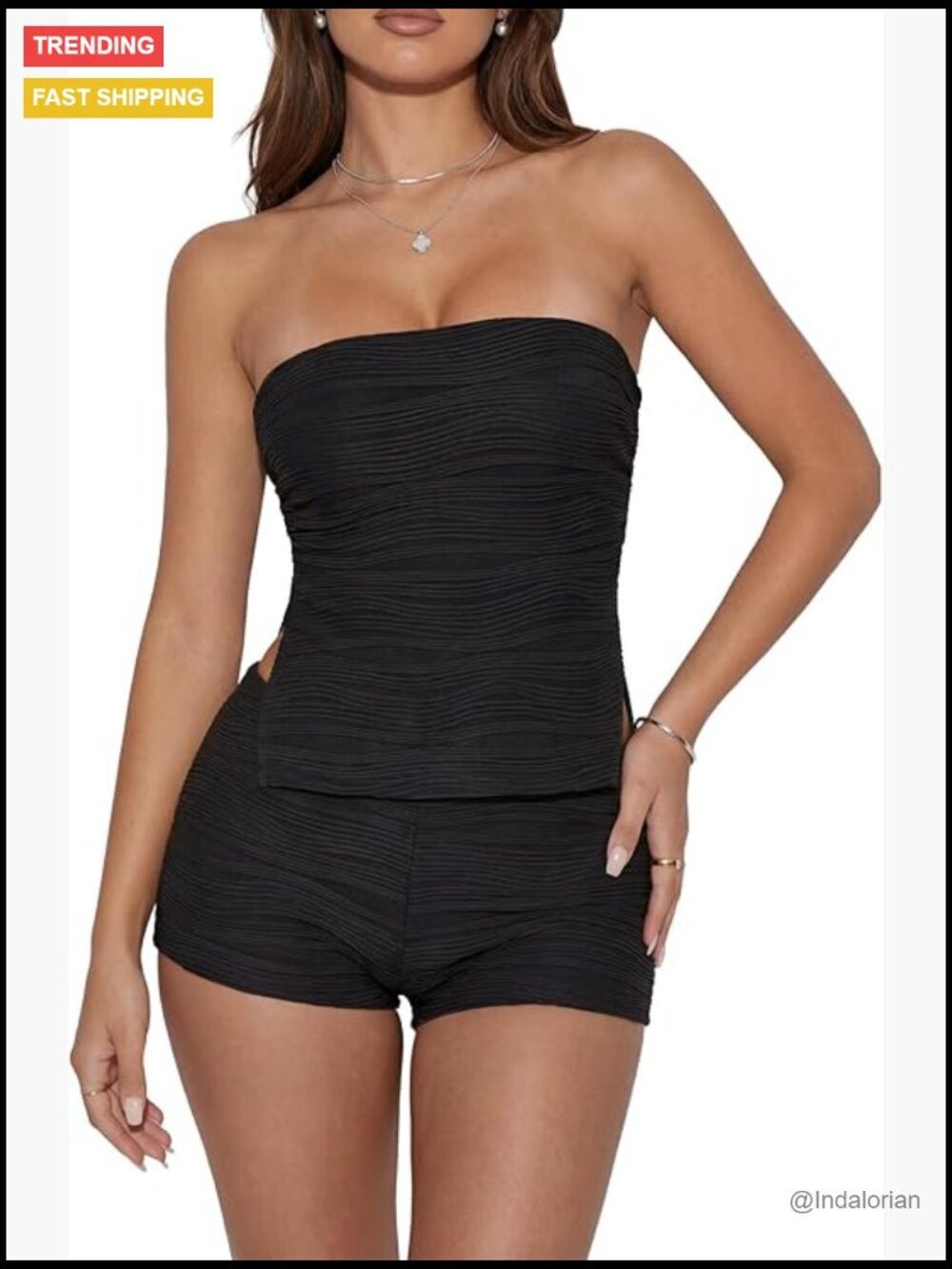 Pleated Side Split Strapless Tube Top & Shorts Matching Set Y2K Going Out